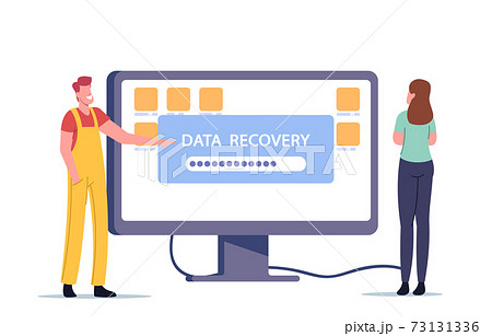 Data Recovery Service, Backup, Hardware Protection Repair Concept. Tiny Worker Presenting Huge Monitor with File Folders Data Recovery Service, Backup, Hardware Protection Repair Concept. Tiny Worker Presenting Huge Monitor with File Folders 73131336