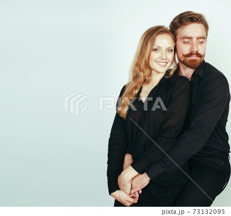 young tender couple, man and woman in love isolated on white, fooling around real modern hipster marriage, lifestyle people concept 73132095
