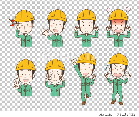 ヘルメットを被った作業員の表情ポーズイラストセットのイラスト素材