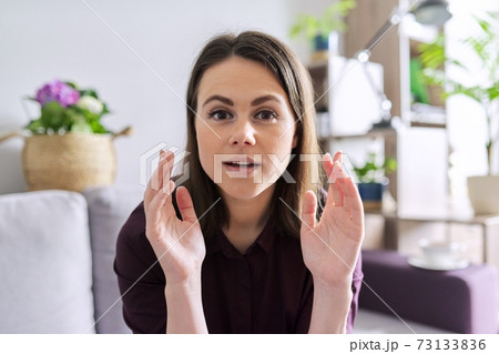 Video call, video conference, online training, young confident woman teacher looking at webcam Video call, video conference, online training, young confident woman teacher looking at webcam 73133836