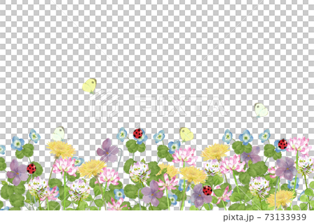 春の草花と虫の風景 水彩イラストのイラスト素材