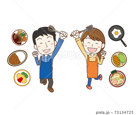 料理をする男女と色々な料理のイラストのイラスト素材