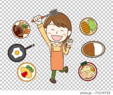 料理をする女性と色々な料理のイラストのイラスト素材