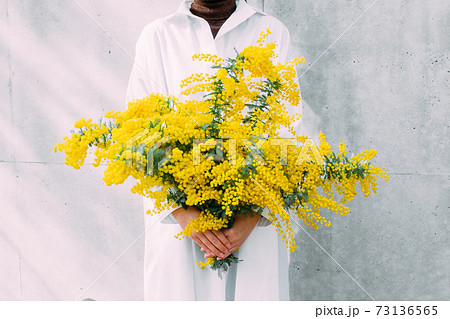 ミモザの花束を持つ女性の写真素材