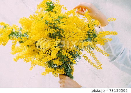 ミモザの花束を持つ女性の写真素材