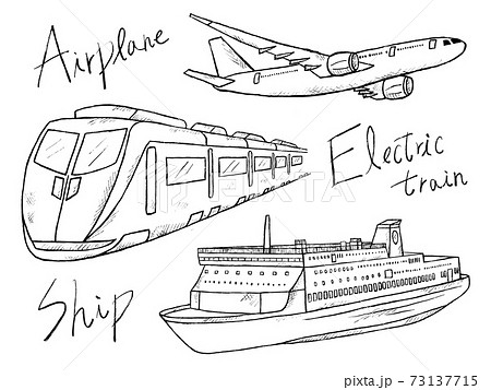乗り物や交通機関の白黒手書きイラストイメージのイラスト素材