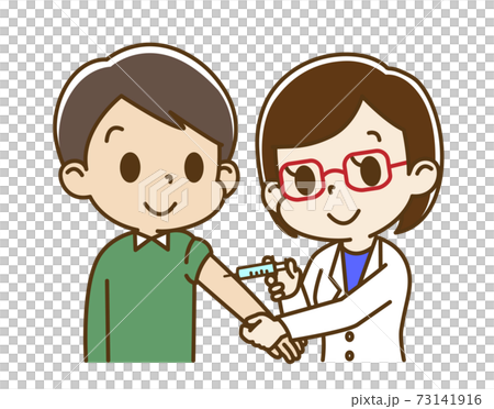 女性医師から予防接種を受ける若い男性 女性医師から予防接種を受ける若い男性 73141916