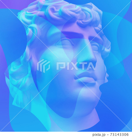 Collage with plaster antique sculpture of human face in a pop art style. Creative concept image with ancient statue head in pastel colors. Zine culture. Contemporary art style poster. Apollo bust. 73143306