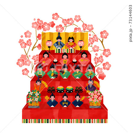ひな祭りの雛人形5段飾りと梅のフレームベクター イラストのイラスト素材