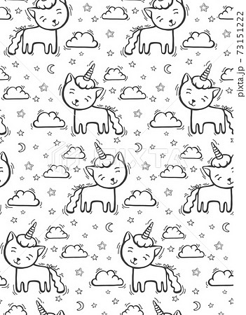 Cute pattern with line cat unicorn with horn on sky background with cloud and hearts. Hand drawn vector illustration for textile or wallpaper. Cute pattern with line cat unicorn with horn on sky background with cloud and hearts. Hand drawn vector illustration for textile or wallpaper. 73151222