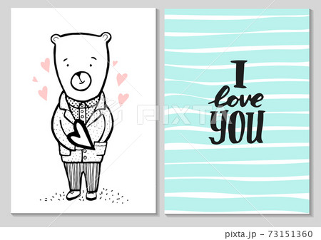 Romantic Valentine Cute Card. Bear in a suit with hearts. Hand drawn vector illustration of cute bear with heart. 73151360