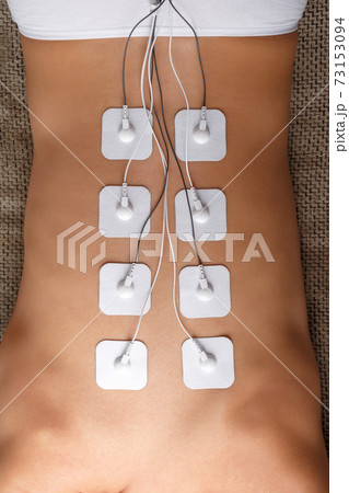 Muscle stimulator with electrodes, bacBack and shoulder massage with a muscle stimulator with attached electrodes along the spine. 73153094