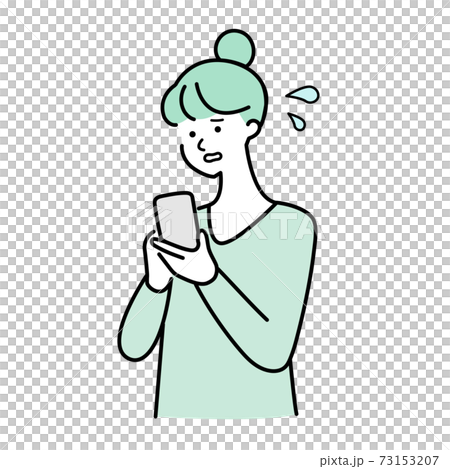 Illustration of a woman who is impatient looking at a smartphone Illustration of a woman who is impatient looking at a smartphone 73153207
