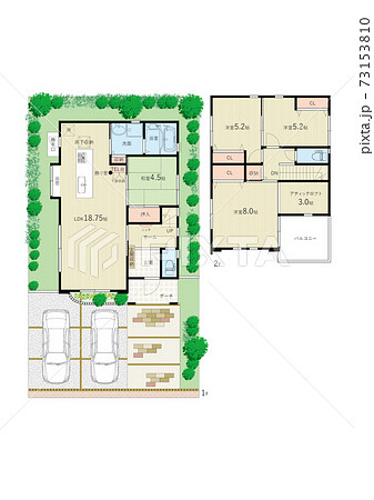 レイヤー分けで使いやすいガレージ付き2階建て戸建住宅の間取りのイラスト素材