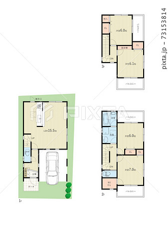 レイヤー分けで使いやすい3階建て戸建住宅の間取りのイラスト素材