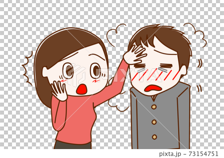 熱が出て身体がだるい男子学生と心配して慌てる女性 熱が出て身体がだるい男子学生と心配して慌てる女性 73154751
