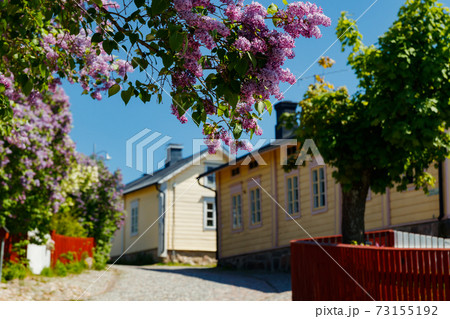 Beautiful street with old wooden houses and blooming lilac in old town of Porvoo 73155192
