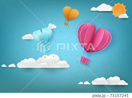 Paper art of love and Origami made air balloon heart shape flying with valentines day label.They are in the air with copy space.Mother's Day,Happy Women,Vector Valentine's Day and paper cut concept. Paper art of love and Origami made air balloon heart shape flying with valentines day label.They are in the air with copy space.Mother's Day,Happy Women,Vector Valentine's Day and paper cut concept. 73157245