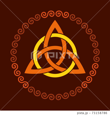 Colored triquetra with circle, within a circular spiral frame. Triangular Celtic knot, a figure used in ancient Christian ornamentation, surrounded by a border of double spirals. Illustration. Vector. 73158786