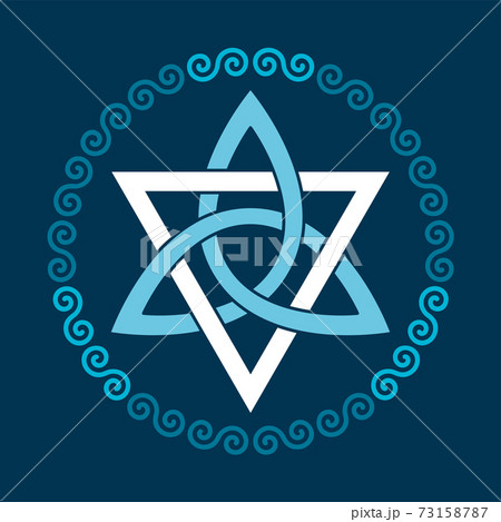 Colored triquetra with triangle, within a circular spiral frame. Triangular Celtic knot, a figure used in ancient Christian ornamentation, surrounded by border of double spirals. Illustration. Vector. 73158787
