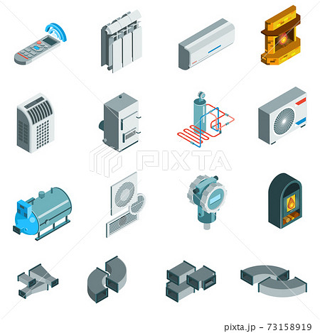 Heating Cooling System Isometric Icons Set Heating Cooling System Isometric Icons Set 73158919