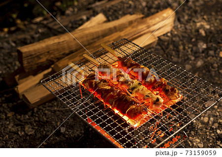 キャンプでの炭火焼き鳥串 73159059