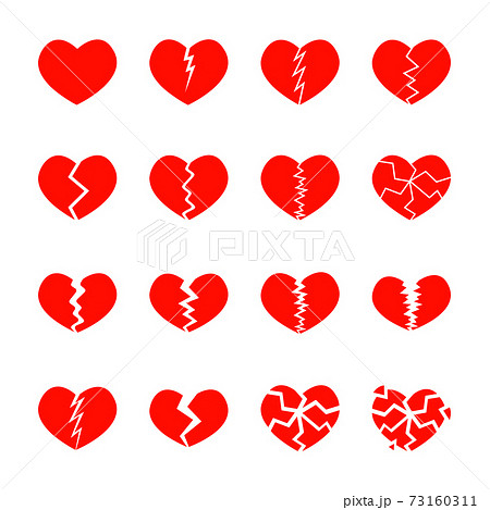 Set of red broken hearts icons isolated on white background. Different symbols of heartbreak, divorce, parting. Vector flat illustration 73160311