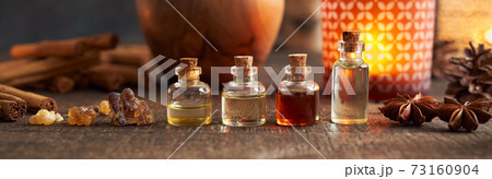 Panoramic header of essential oil bottle with frankincense and Christmas spices - cinnamon and star anise Panoramic header of essential oil bottle with frankincense and Christmas spices - cinnamon and star anise 73160904