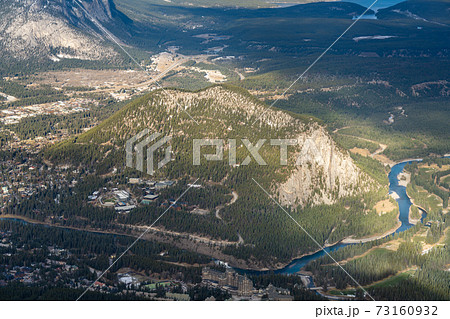 Aerial view of Tunnel Mountain and Town of Banff. Banff National Park, Canadian Rockies, Alberta, Canada. 73160932