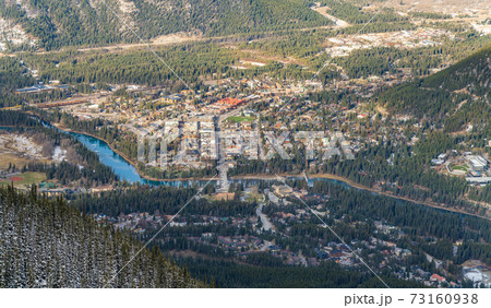 Aerial view of Town of Banff. Banff National Park, Canadian Rockies, Alberta, Canada. 73160938