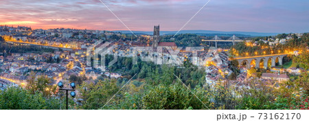 View of cathedral, Poya and Zaehringen bridge, Fribourg, Switzerland, HDR 73162170