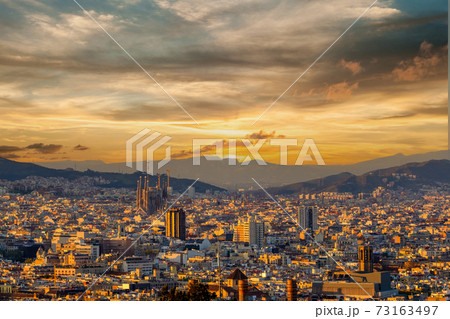 Barcelona cityscape at sunset overlook 73163497