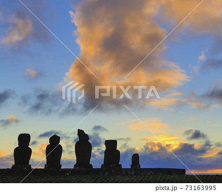 Moai on Easter Island at Ahu Akivi at Sunset Moai on Easter Island at Ahu Akivi at Sunset 73163995