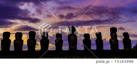 Moai on Easter Island at Ahu Tongariki at Sunrise Moai on Easter Island at Ahu Tongariki at Sunrise 73163996