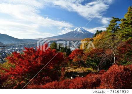 山梨県富士吉田市より紅葉と富士山 73164959