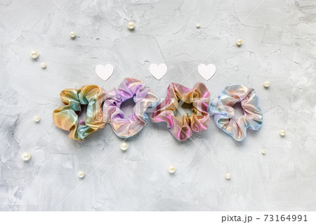 Four trendy velvet scrunchies, hearts and pearls Four trendy velvet scrunchies, hearts and pearls 73164991