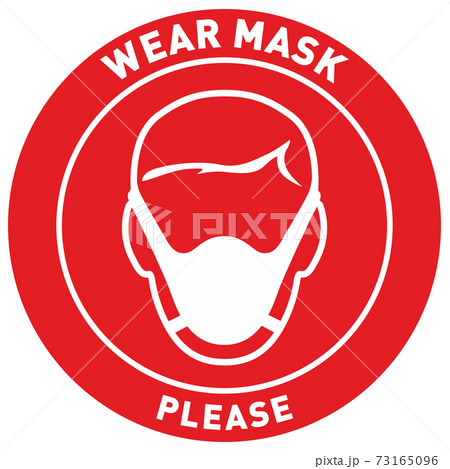 Vector red circle sign with text wear mask please. Character with white face mask. Isolated on white background. Vector red circle sign with text wear mask please. Character with white face mask. Isolated on white background. 73165096