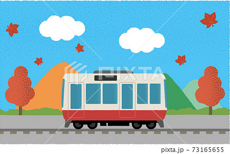 秋 山沿いを走る電車のベクターイラストのイラスト素材