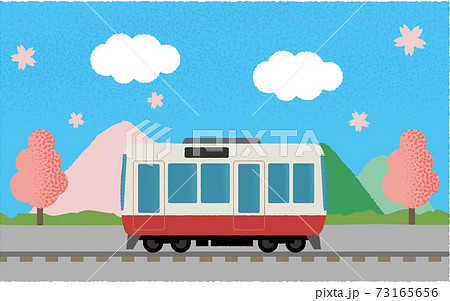 春 山沿いを走る電車のベクターイラストのイラスト素材