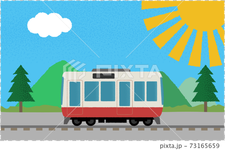Vector illustration of a train running along the mountains under the scorching sun 73165659