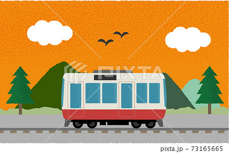 夕方 山沿いを走る電車のベクターイラストのイラスト素材