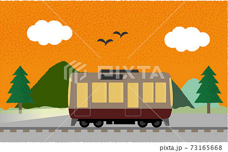 夕方 ライトを点けて山沿いを走る電車のベクターイラストのイラスト素材