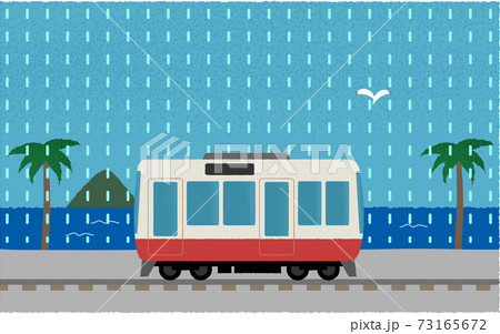 雨の中 海沿いを走る電車のベクターイラストのイラスト素材