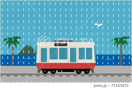 雨の中、海沿いを走る電車のベクターイラスト 雨の中、海沿いを走る電車のベクターイラスト 73165672