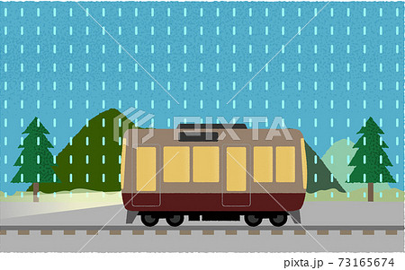 雨の中 ライトを点けて山沿いを走る電車のベクターイラストのイラスト素材