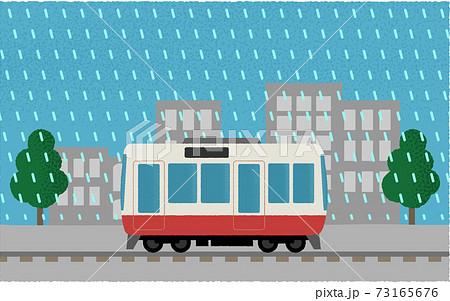 豪雨の中 都市を走る電車のベクターイラストのイラスト素材