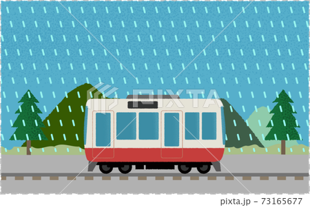 豪雨の中 山沿いを走る電車のベクターイラストのイラスト素材