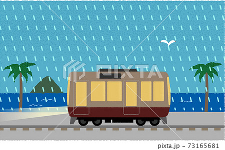 豪雨の中 ライトを点けて海沿いを走る電車のベクターイラストのイラスト素材