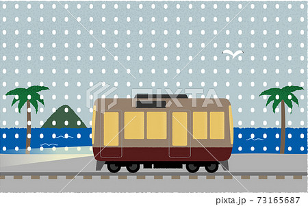 雪の中 ライトを点けて海沿いを走る電車のベクターイラストのイラスト素材