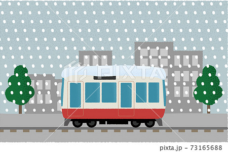 吹雪の中 都市を走る電車のベクターイラストのイラスト素材